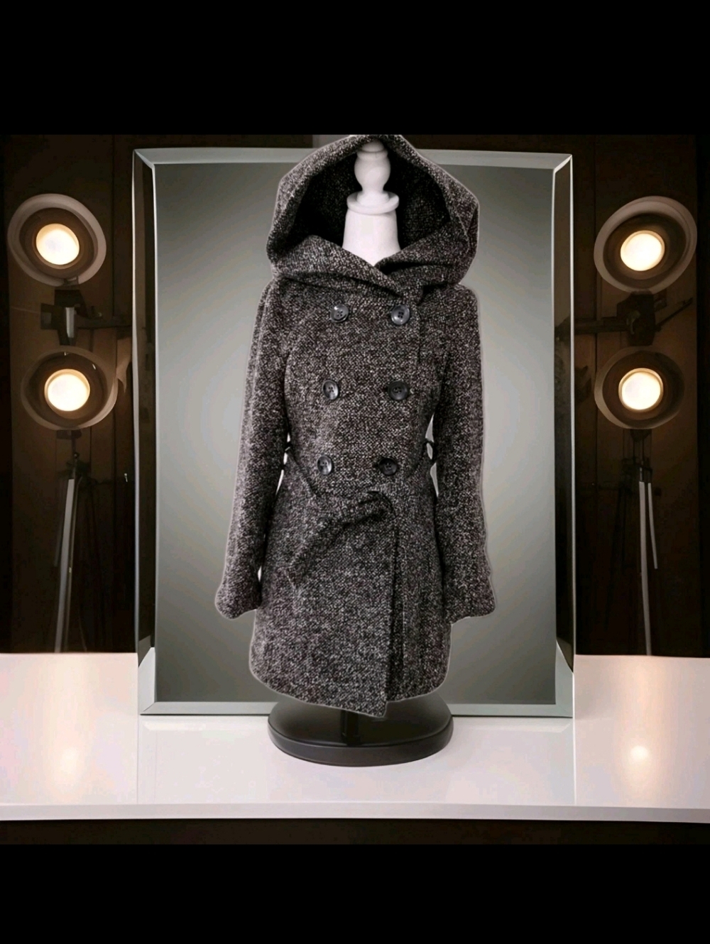 Women's Hooded Double-Breasted Wool-Blend Coat -  Brown/Multi Color